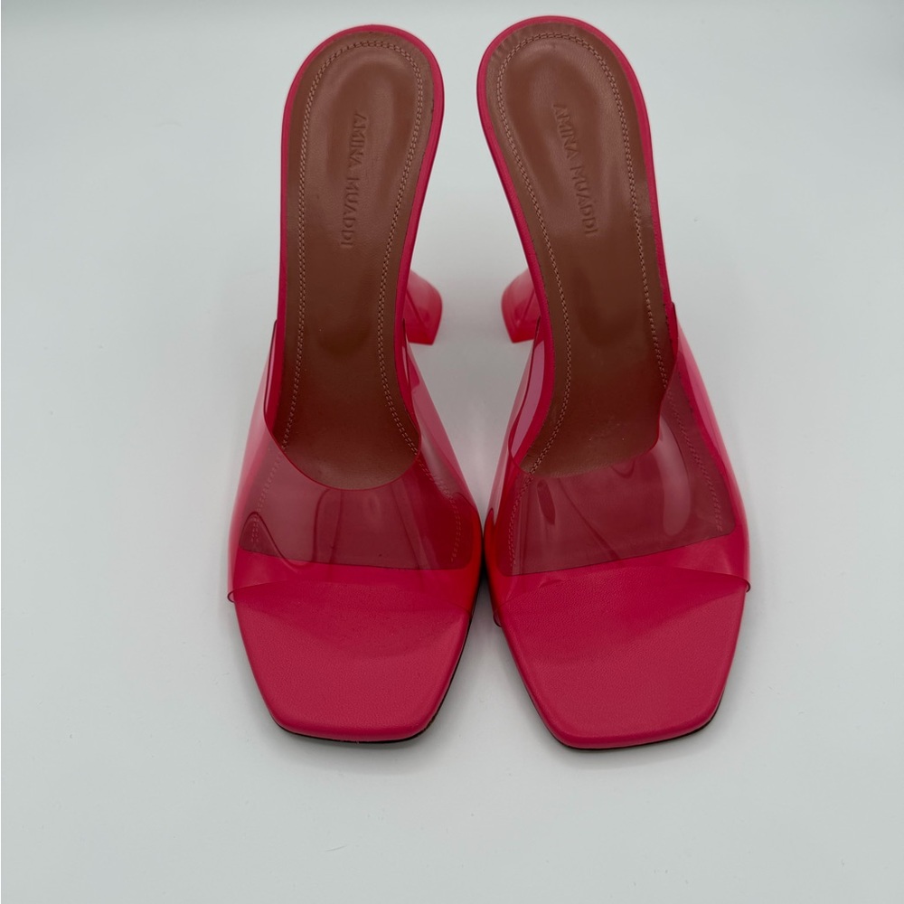 Amina Muaddi Pink PVC Mule Heels Square Toe Sandals Flared Heel Size 38 - Picture 2 of 7